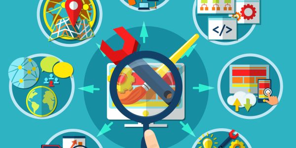 Search optimization conceptual background human hand with lens and flowchart with circle website development image compositions vector illustration